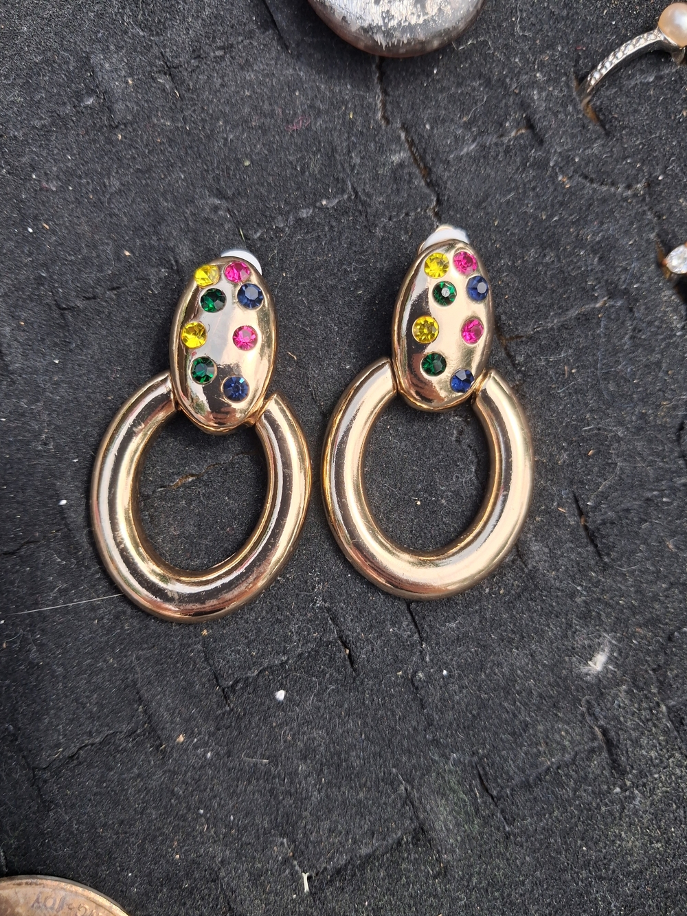 Gold Hoop Drop Earrings with Multicolor Stones